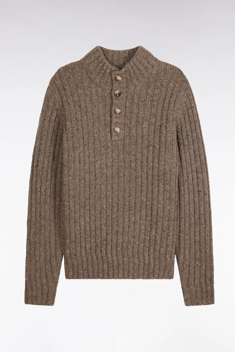 Pull à col montant boutonné en maille épaisse côtelée kaki chiné