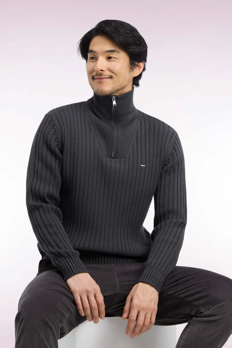 Pull col camionneur en laine et coton kaki côtelé coupe droite