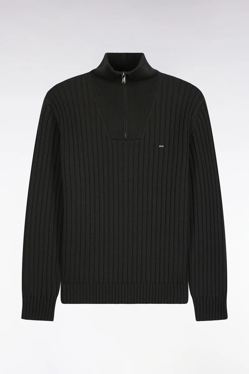 Pull col camionneur en laine et coton kaki côtelé coupe droite