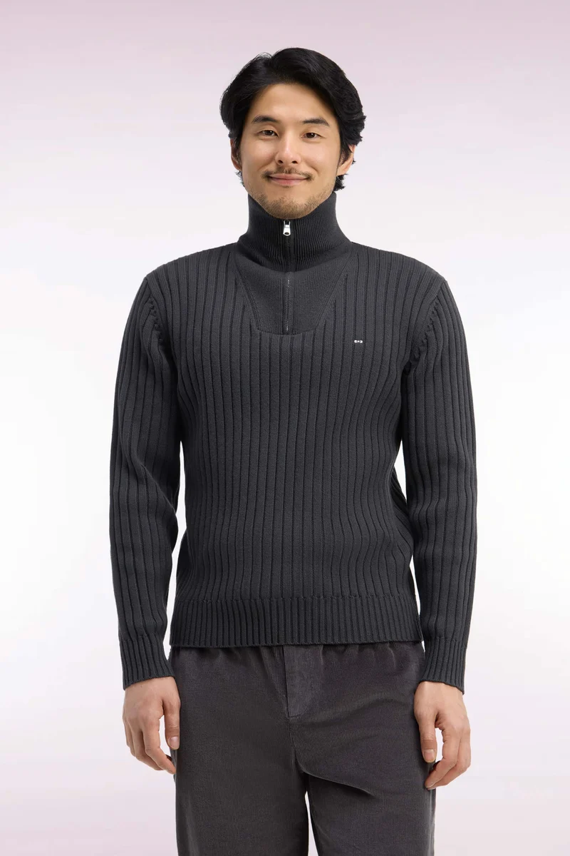 Pull col camionneur en laine et coton kaki côtelé coupe droite