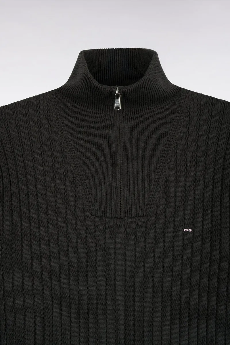 Pull col camionneur en laine et coton kaki côtelé coupe droite