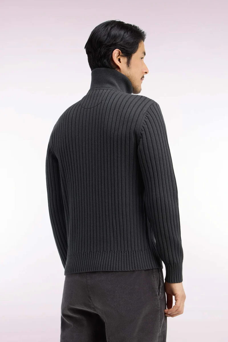 Pull col camionneur en laine et coton kaki côtelé coupe droite