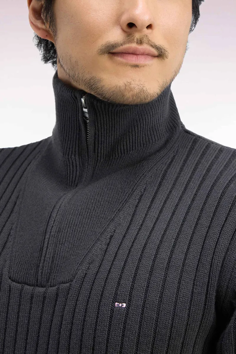 Pull col camionneur en laine et coton kaki côtelé coupe droite