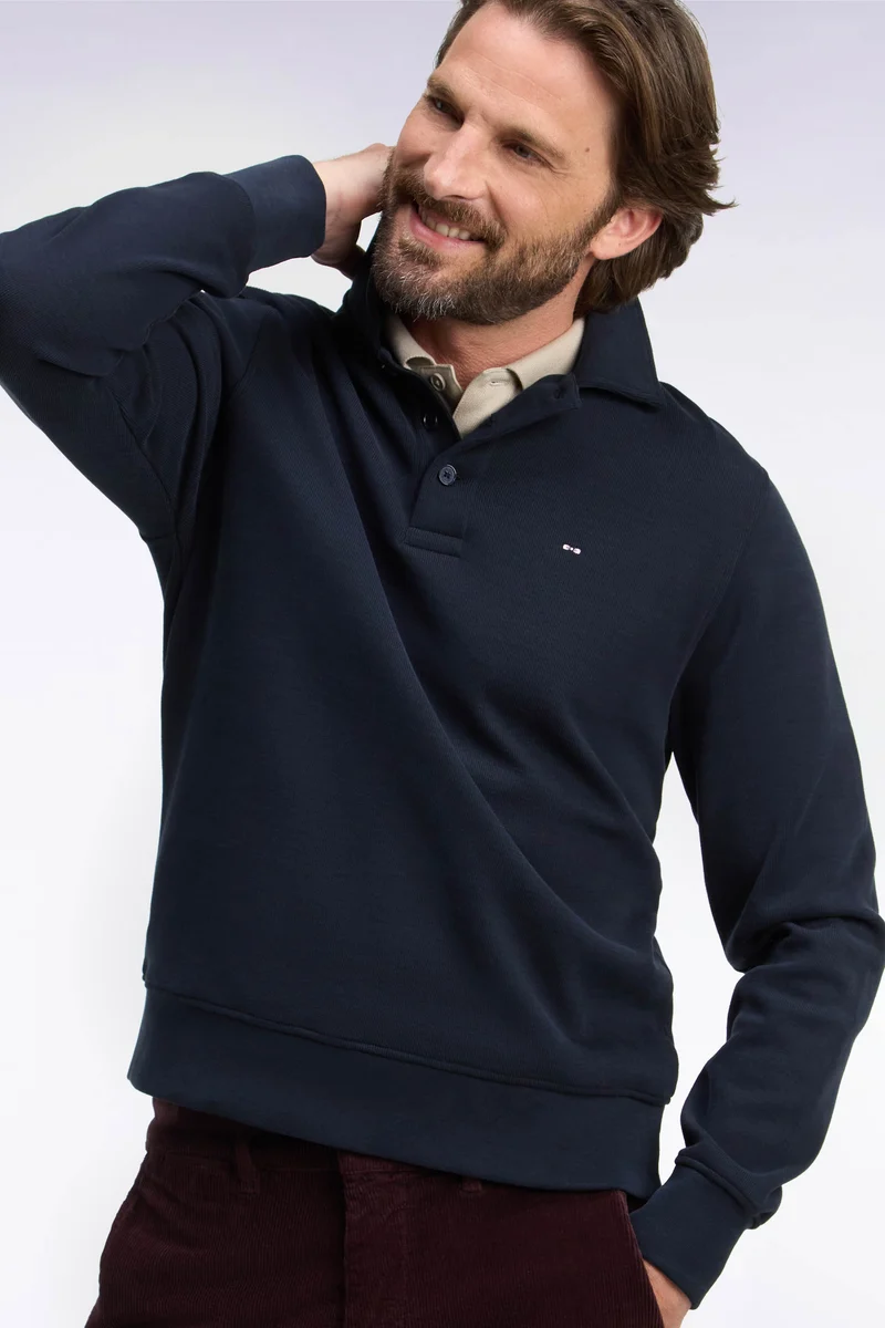 Sweatshirt col polo en coton marine coupe droite