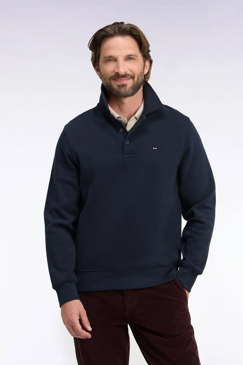Sweatshirt col polo en coton marine coupe droite