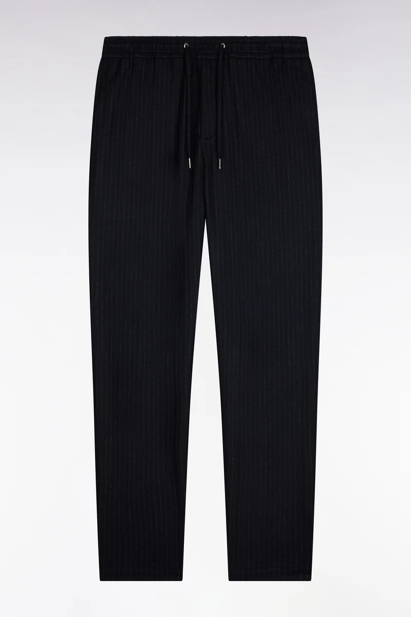Pantalon à taille élastiquée façon flanelle rayée marine