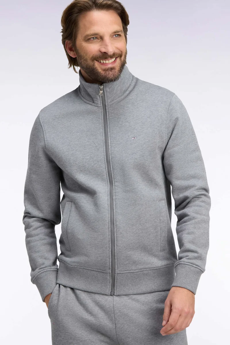 Sweatshirt zippé à col camionneur en coton gris coupe droite