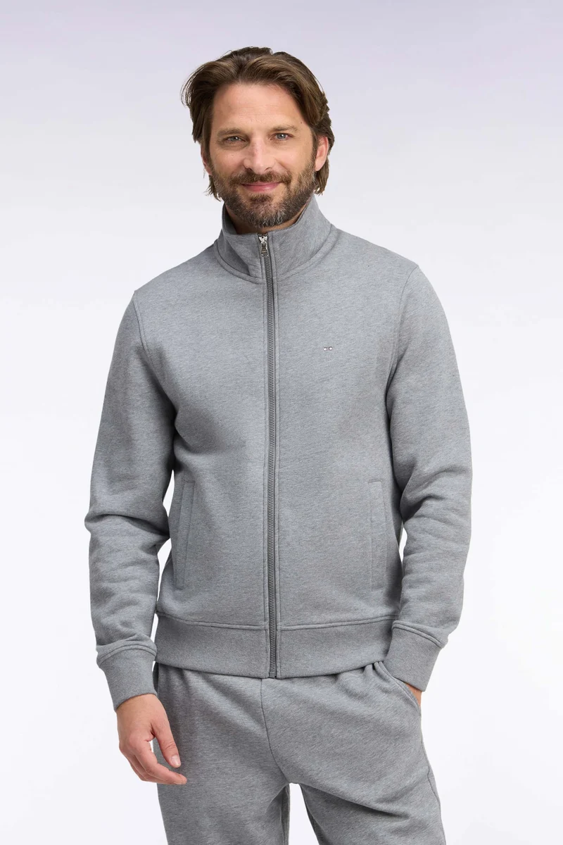 Sweatshirt zippé à col camionneur en coton gris coupe droite