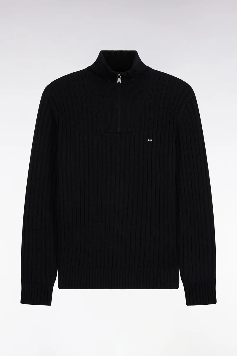 Pull col camionneur en laine et coton noir côtelé coupe droite