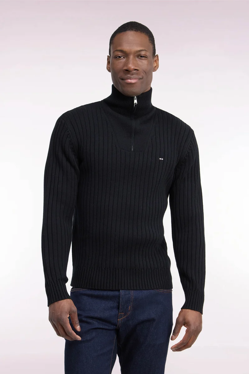 Pull col camionneur en laine et coton noir côtelé coupe droite