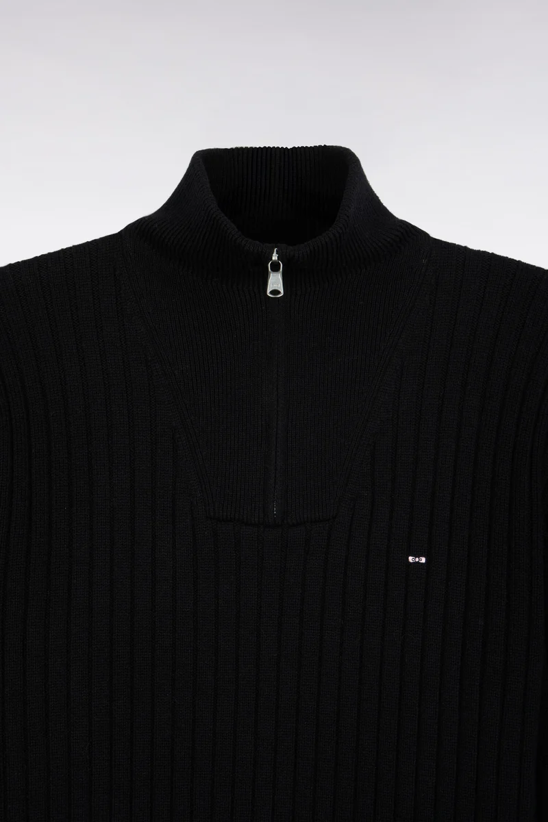 Pull col camionneur en laine et coton noir côtelé coupe droite