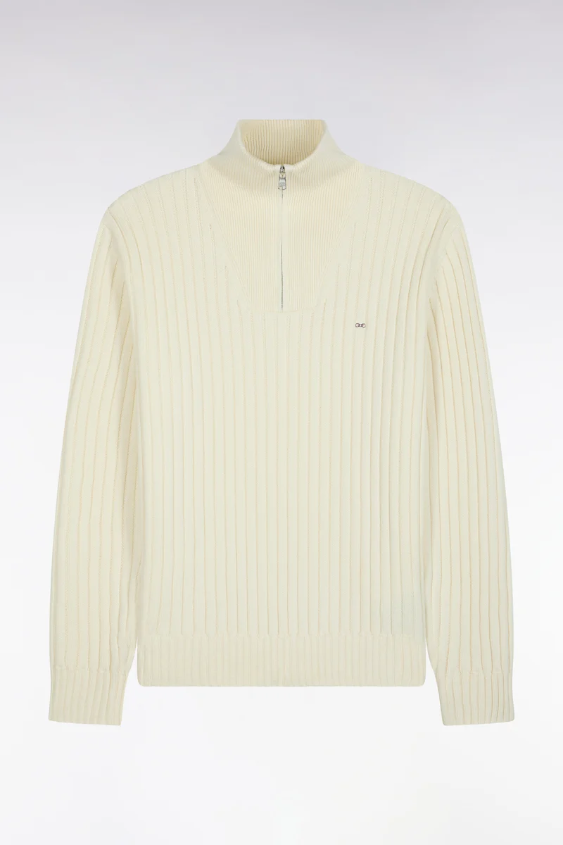 Pull col camionneur en laine et coton écru côtelé coupe droite