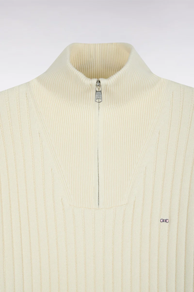 Pull col camionneur en laine et coton écru côtelé coupe droite
