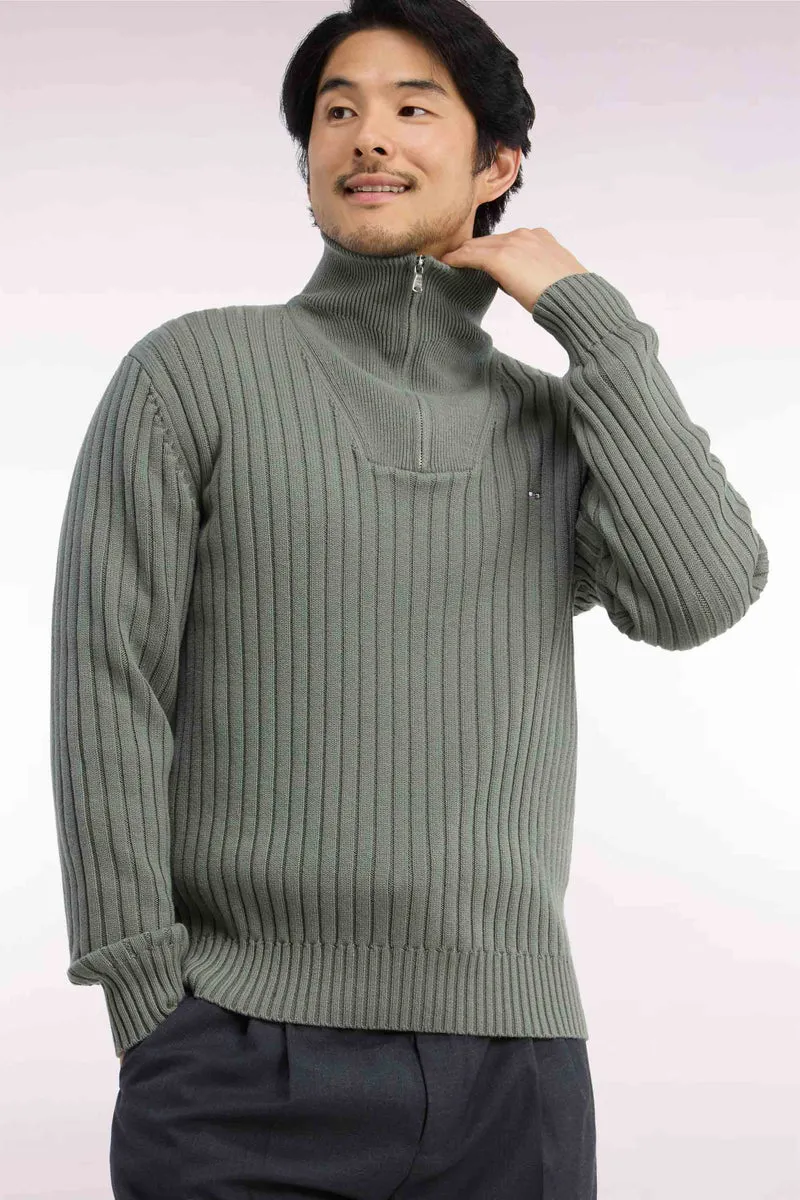 Pull col camionneur en laine et coton vert olive côtelé coupe droite