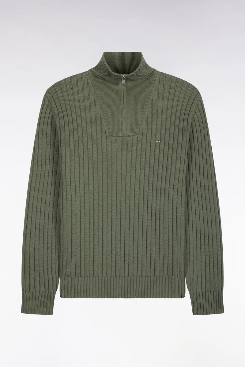 Pull col camionneur en laine et coton vert olive côtelé coupe droite