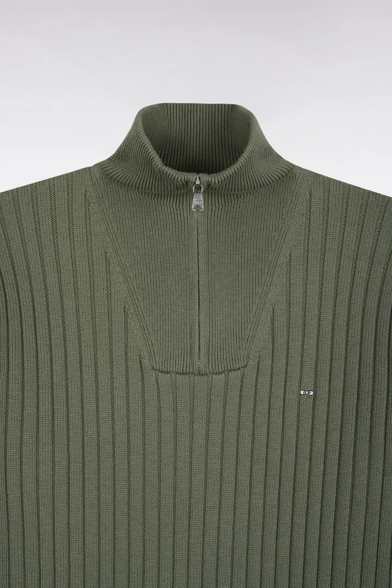 Pull col camionneur en laine et coton vert olive côtelé coupe droite