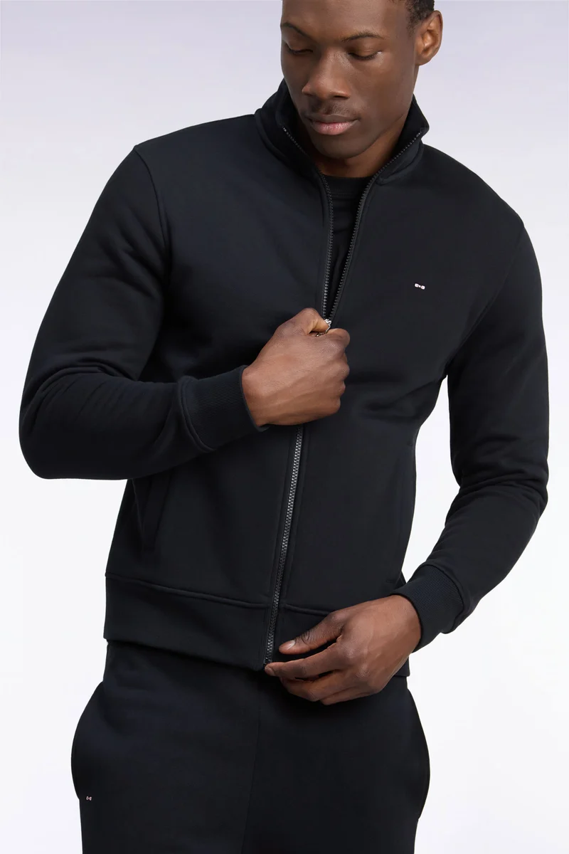 Sweatshirt zippé à col camionneur en coton noir coupe droite