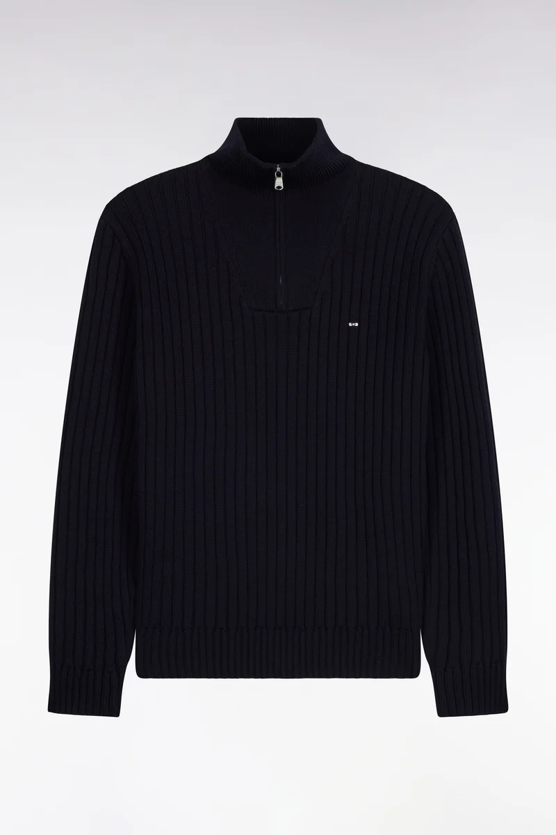 Pull col camionneur en laine et coton marine côtelé coupe droite