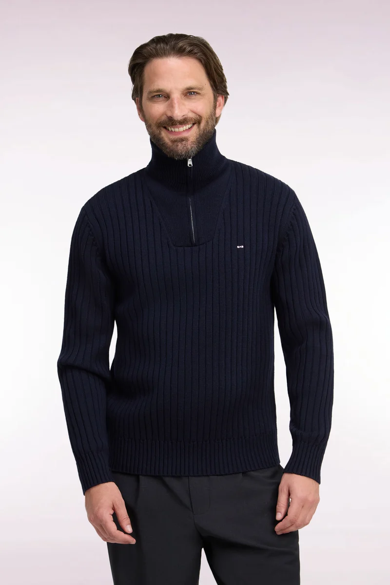Pull col camionneur en laine et coton marine côtelé coupe droite