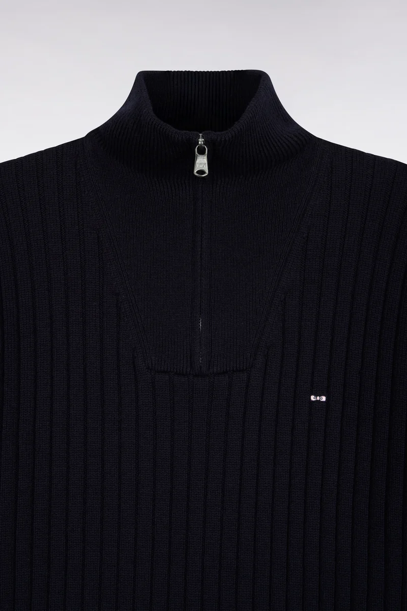 Pull col camionneur en laine et coton marine côtelé coupe droite