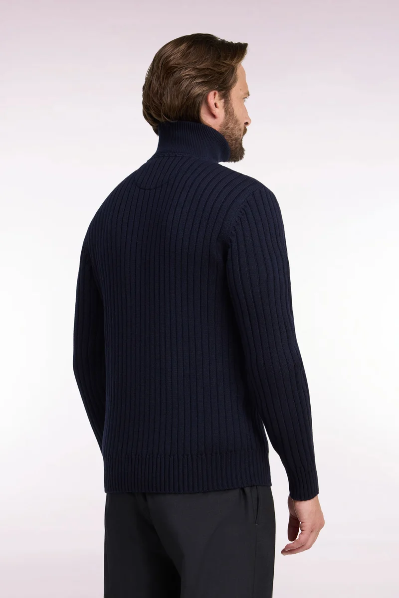 Pull col camionneur en laine et coton marine côtelé coupe droite