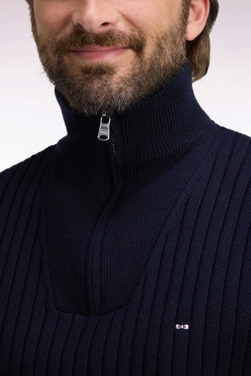Pull col camionneur en laine et coton marine côtelé coupe droite