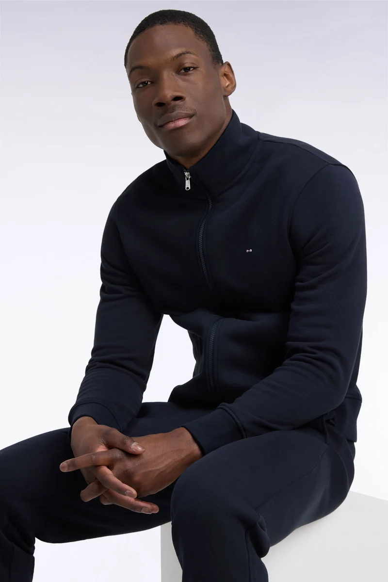 Sweatshirt zippé à col camionneur en coton marine coupe droite