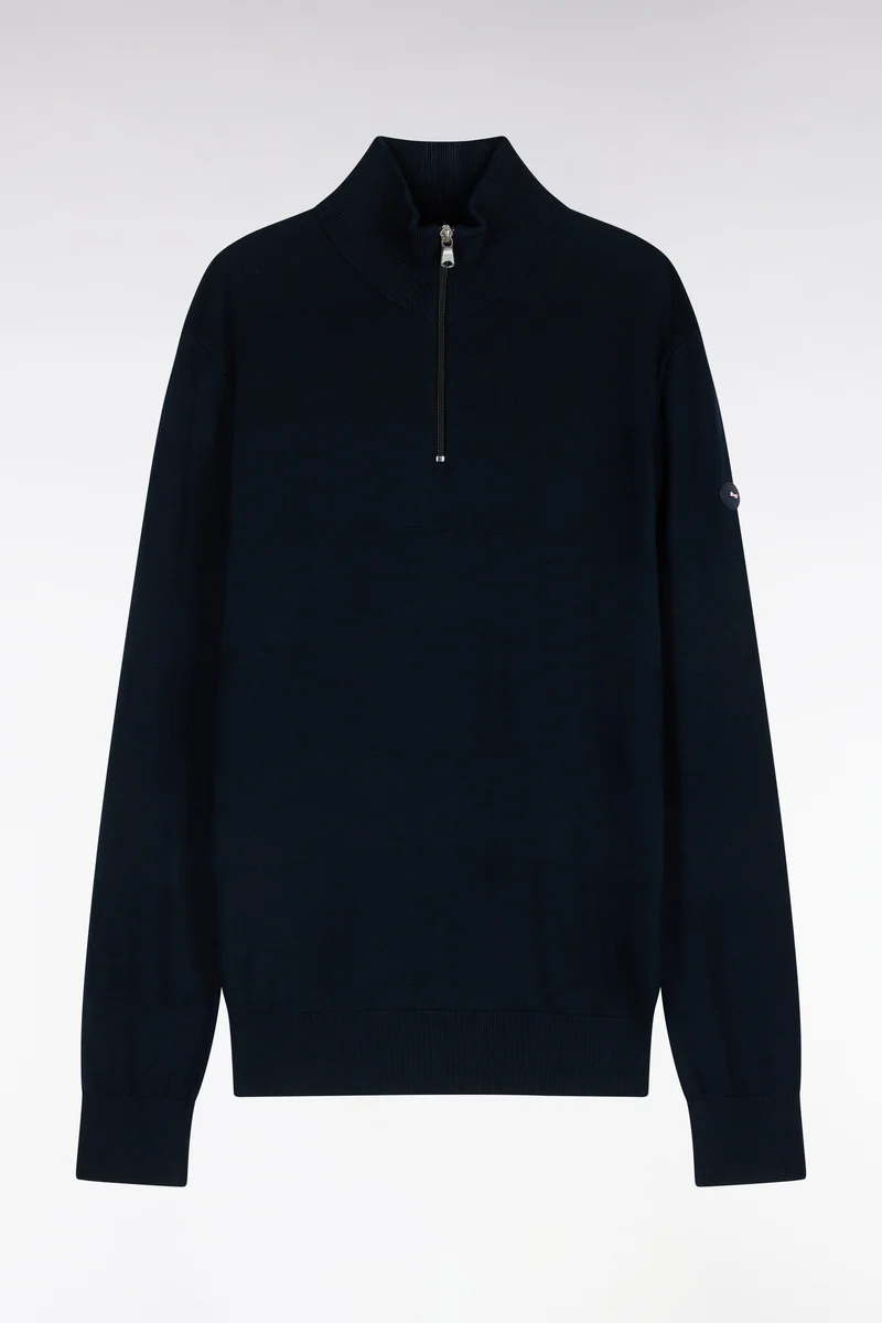 Pull golf à col montant zippé en coton et viscose marine coupe droite
