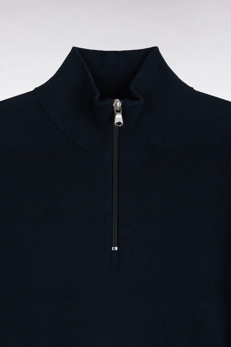 Pull golf à col montant zippé en coton et viscose marine coupe droite