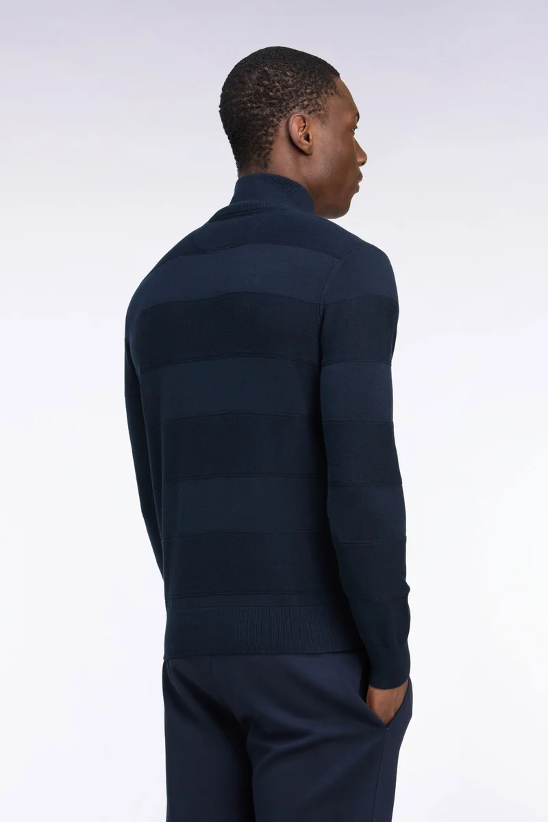 Pull golf à col montant zippé en coton et viscose marine coupe droite