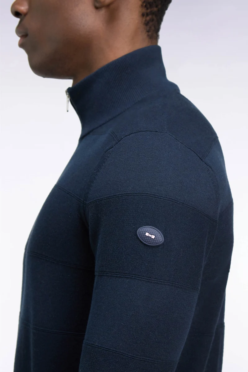 Pull golf à col montant zippé en coton et viscose marine coupe droite