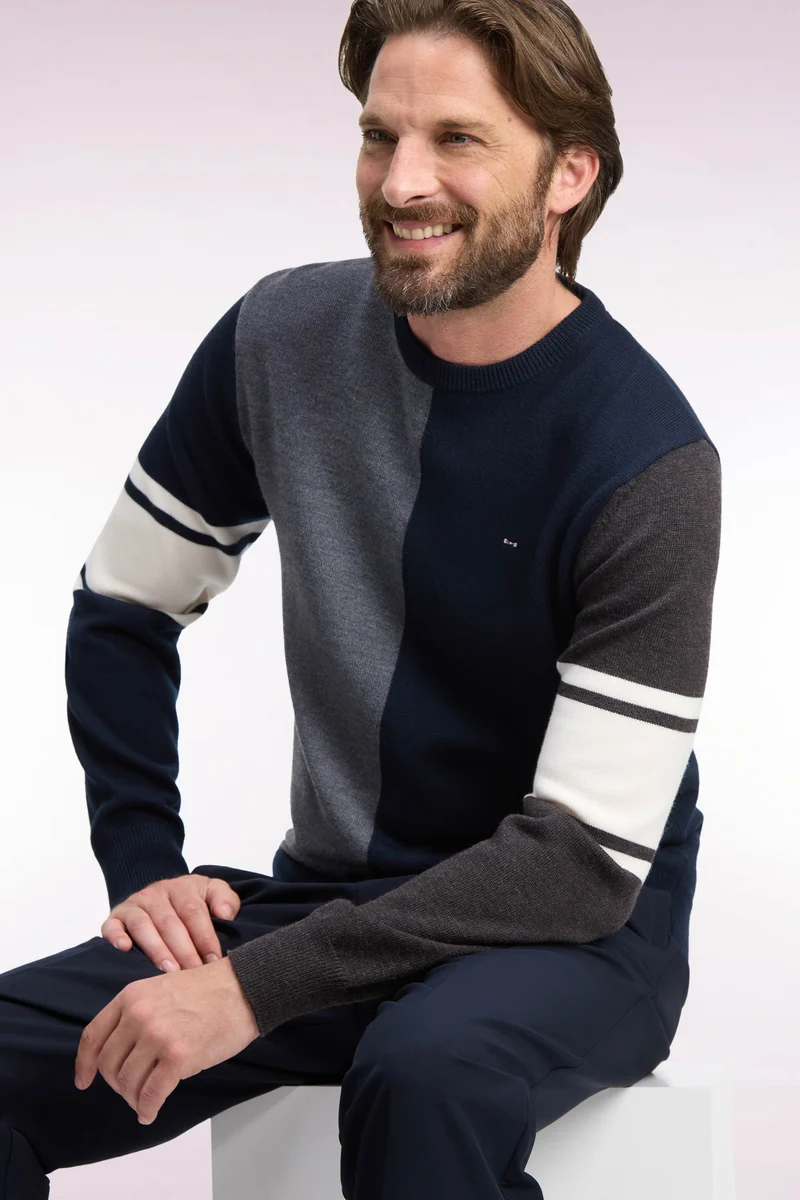 Pull à col rond à découpe verticale en jersey de laine mérinos tricolore