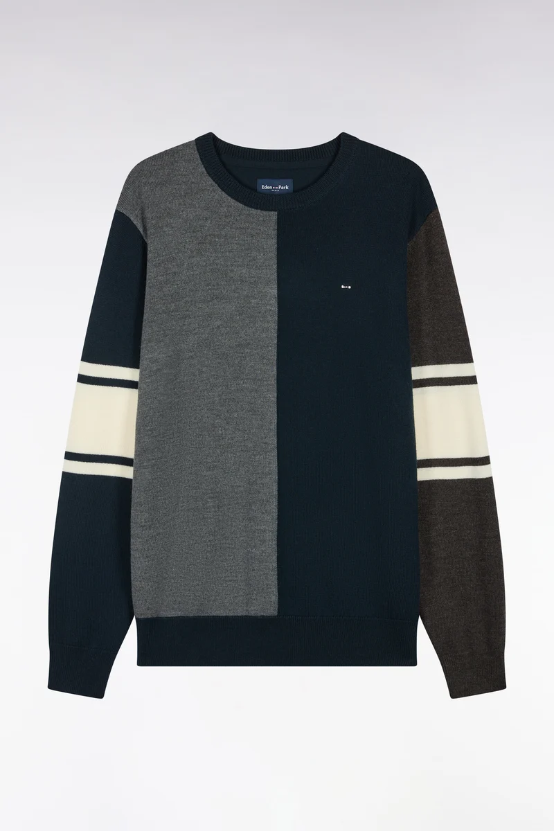Pull à col rond à découpe verticale en jersey de laine mérinos tricolore