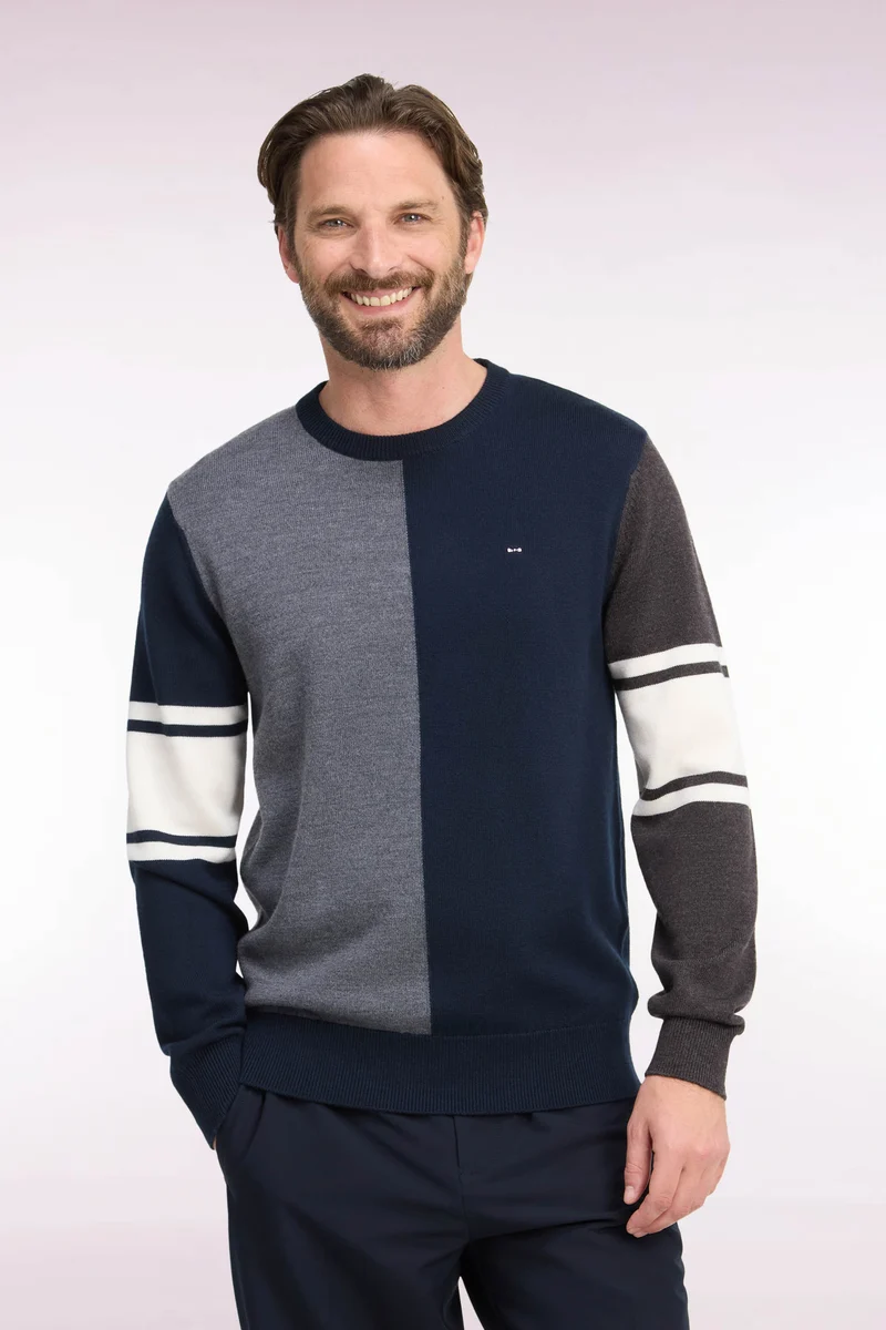 Pull à col rond à découpe verticale en jersey de laine mérinos tricolore