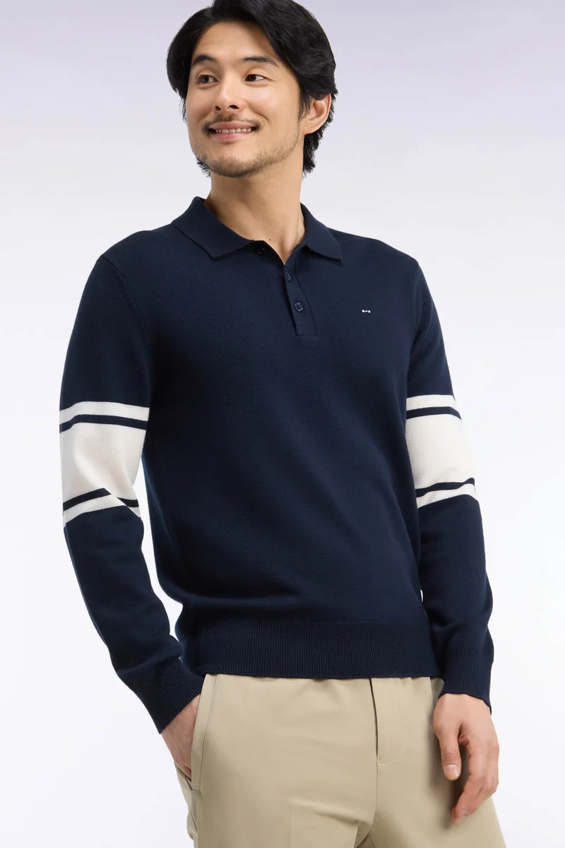 Pull à col polo en jersey de laine mérinos marine