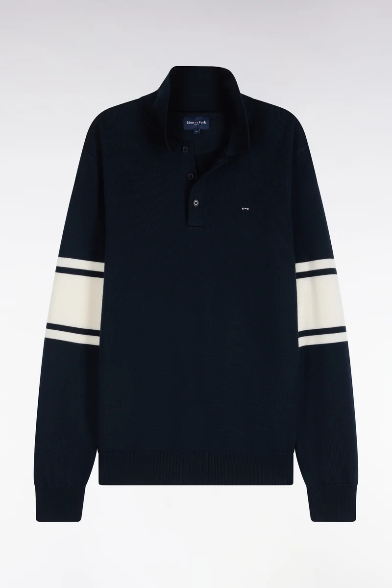 Pull à col polo en jersey de laine mérinos marine