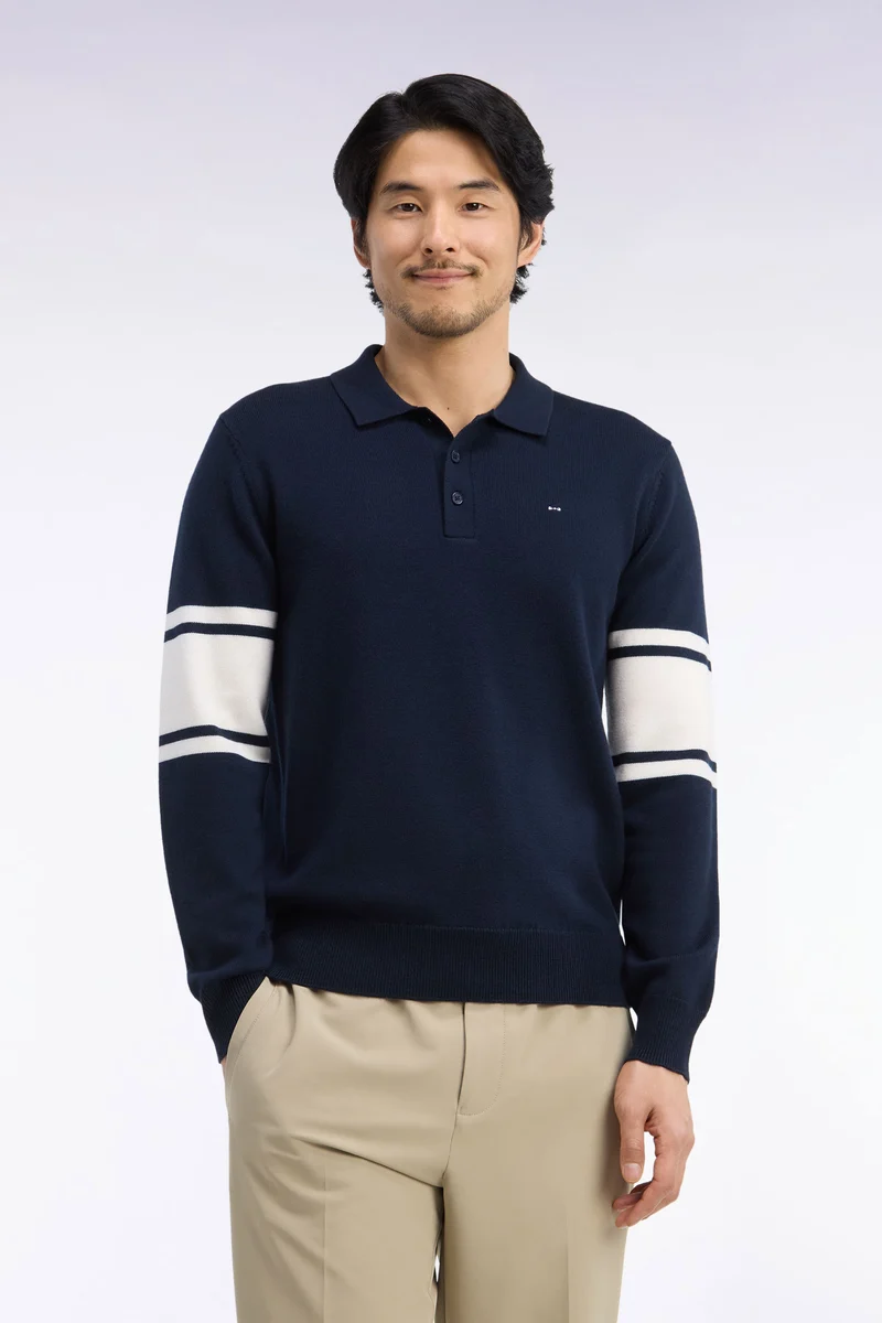 Pull à col polo en jersey de laine mérinos marine