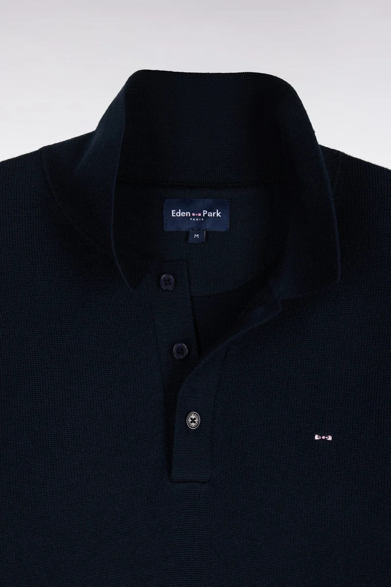 Pull à col polo en jersey de laine mérinos marine