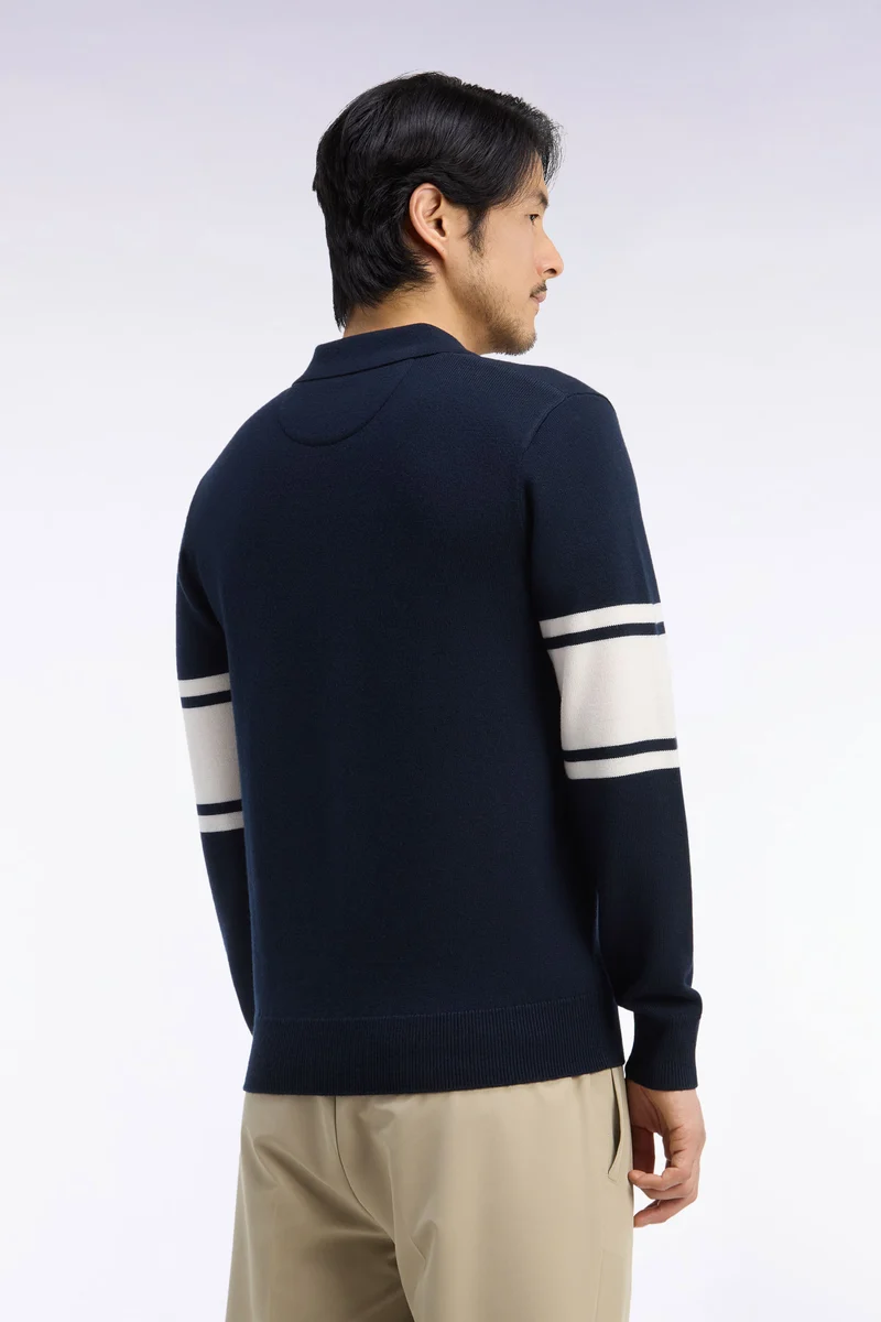 Pull à col polo en jersey de laine mérinos marine