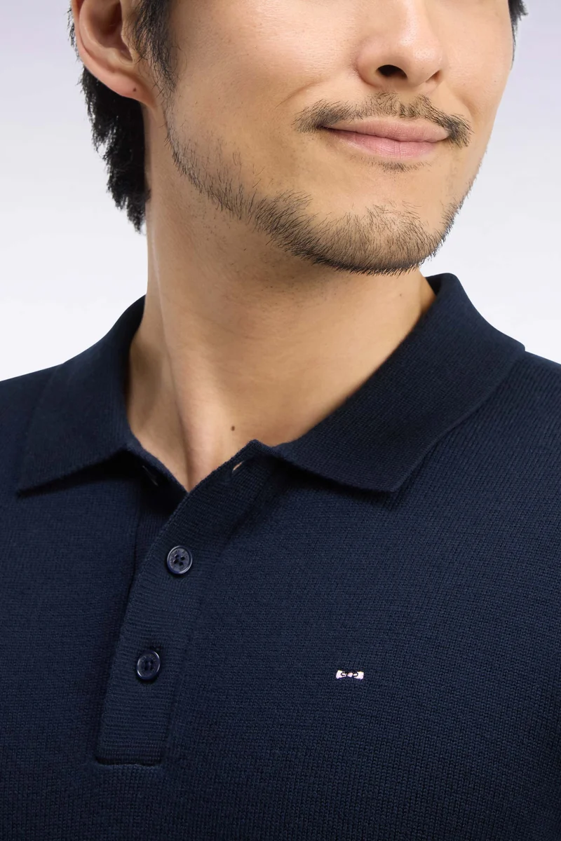 Pull à col polo en jersey de laine mérinos marine