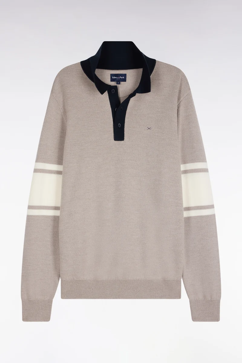 Pull à col polo en jersey de laine mérinos beige
