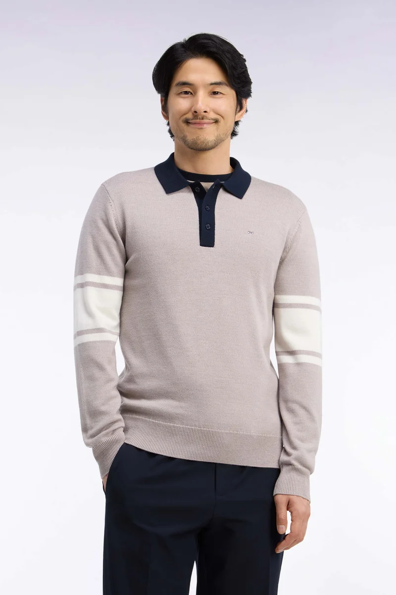 Pull à col polo en jersey de laine mérinos beige