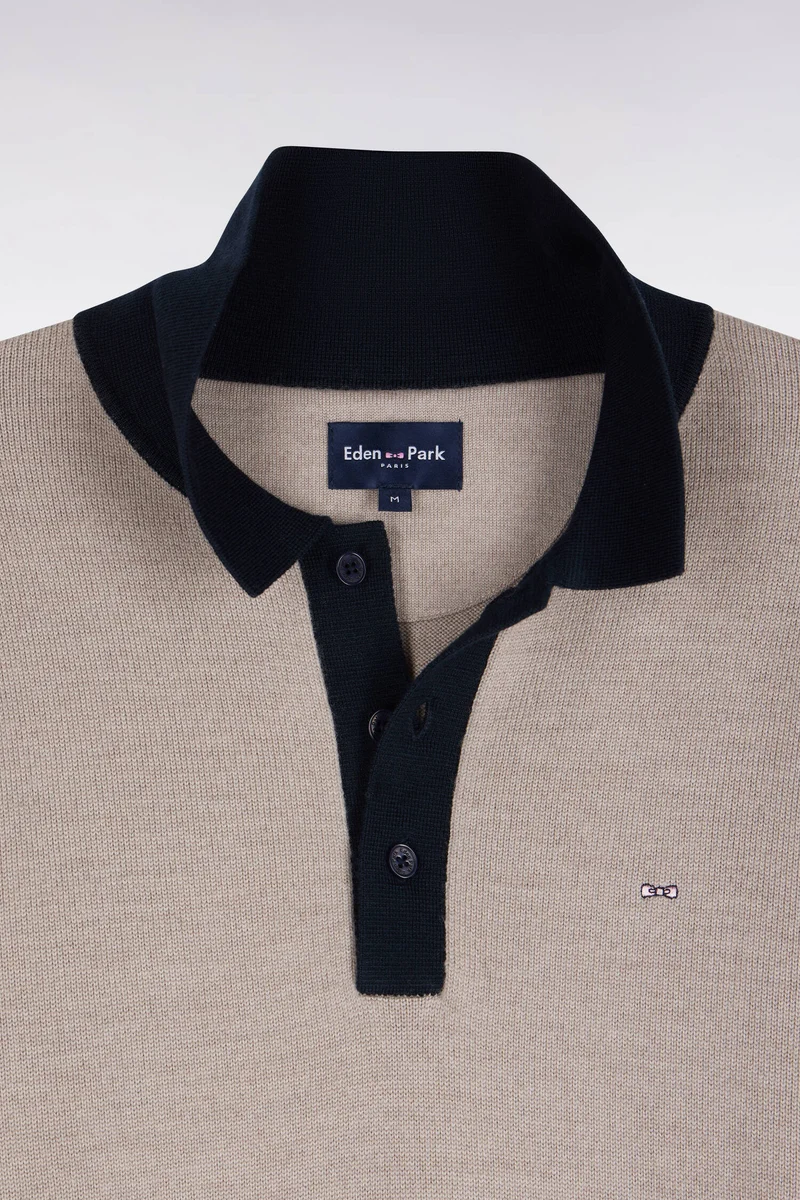 Pull à col polo en jersey de laine mérinos beige