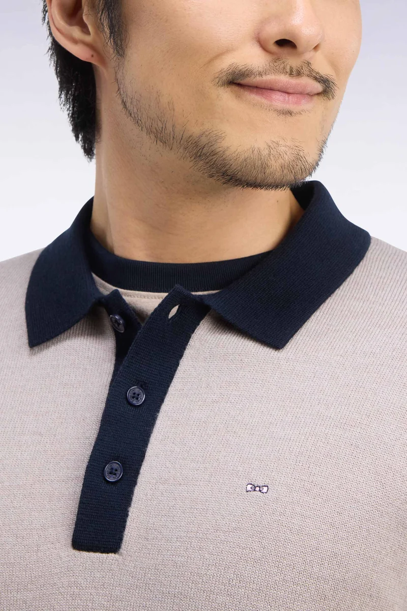 Pull à col polo en jersey de laine mérinos beige