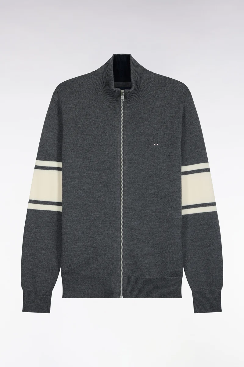 Cardigan zippé en laine mérinos gris à manches rayées coupe droite