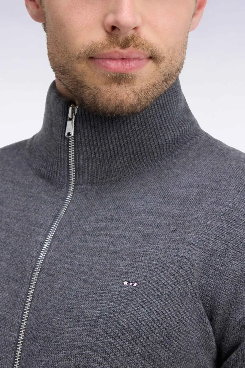 Cardigan zippé en laine mérinos gris à manches rayées coupe droite