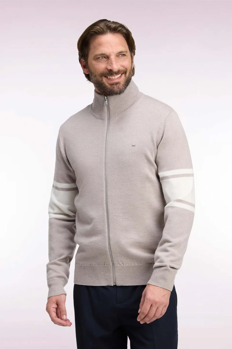 Cardigan zippé en laine mérinos beige à manches rayées coupe droite