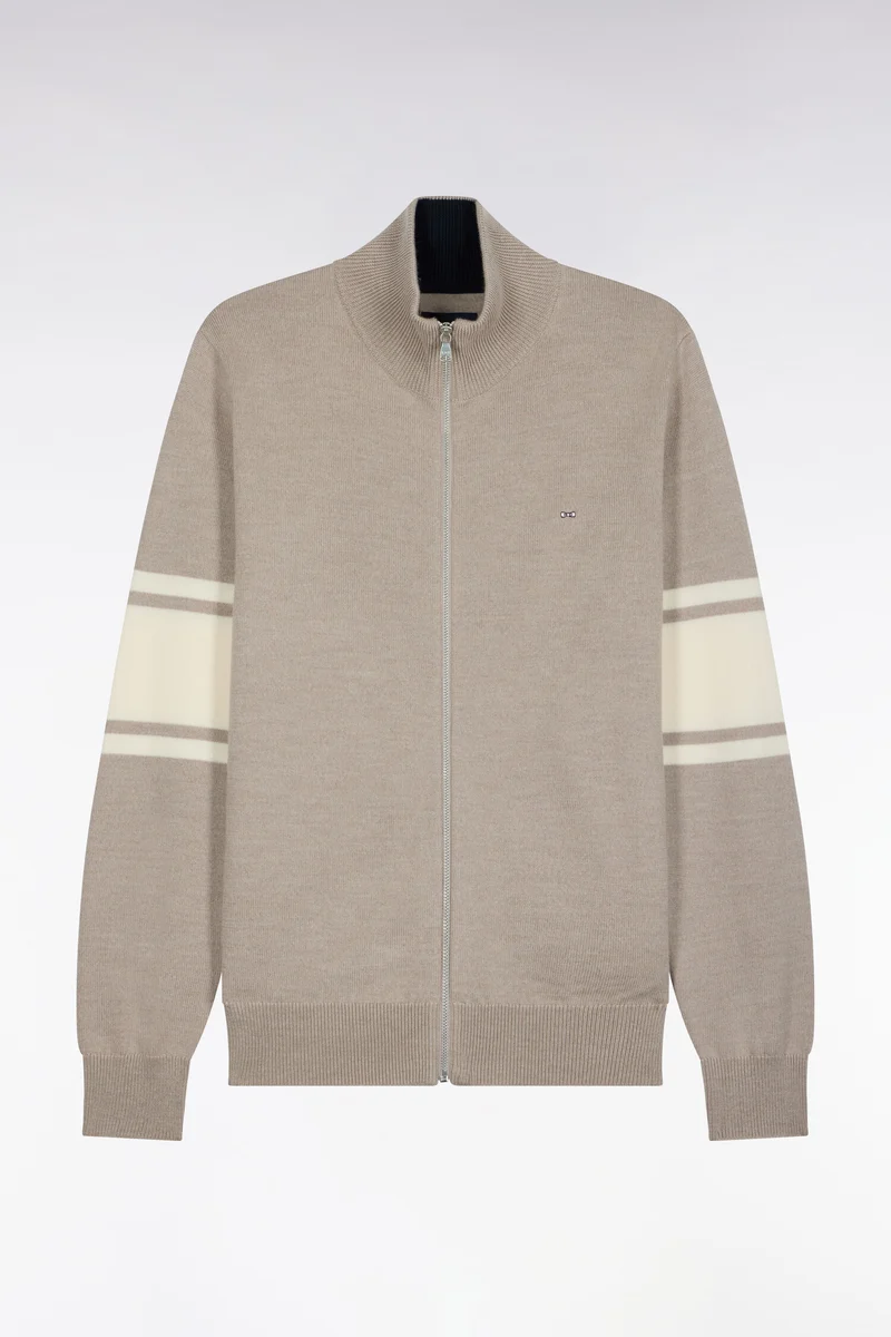 Cardigan zippé en laine mérinos beige à manches rayées coupe droite