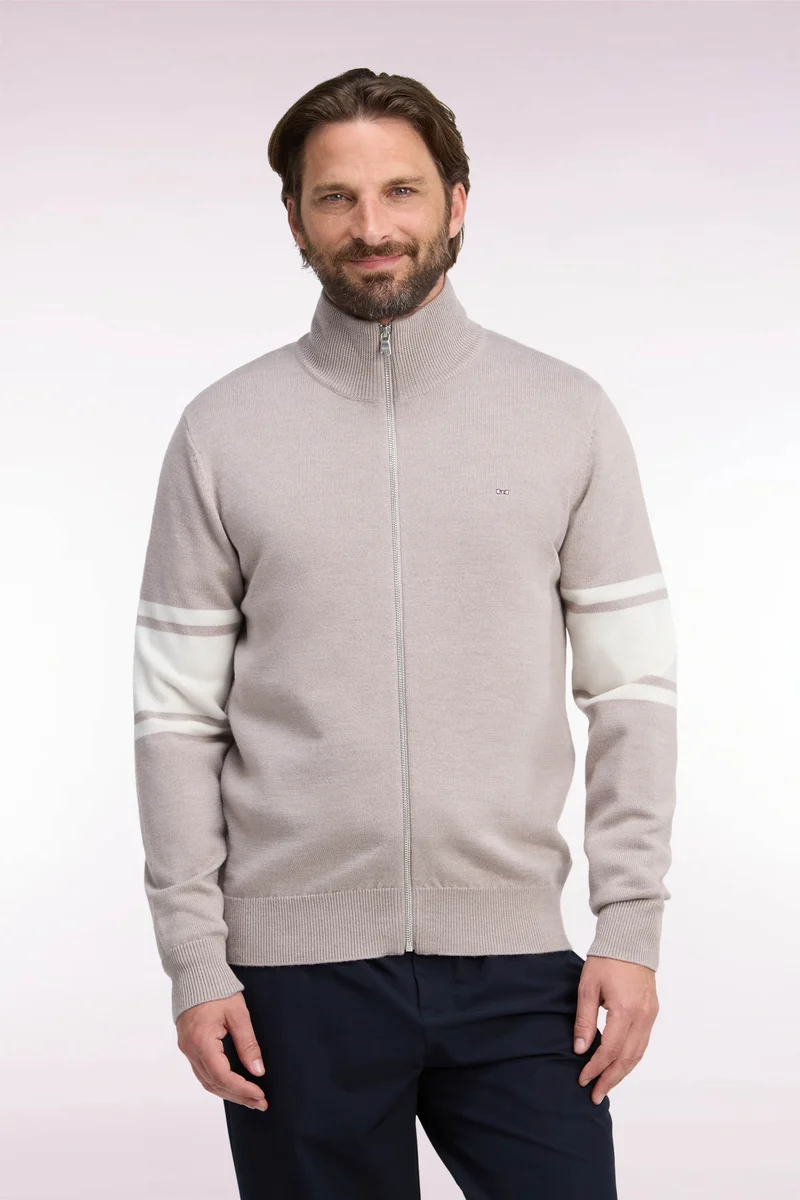 Cardigan zippé en laine mérinos beige à manches rayées coupe droite