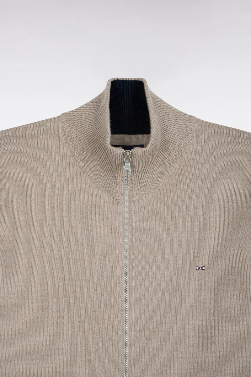 Cardigan zippé en laine mérinos beige à manches rayées coupe droite